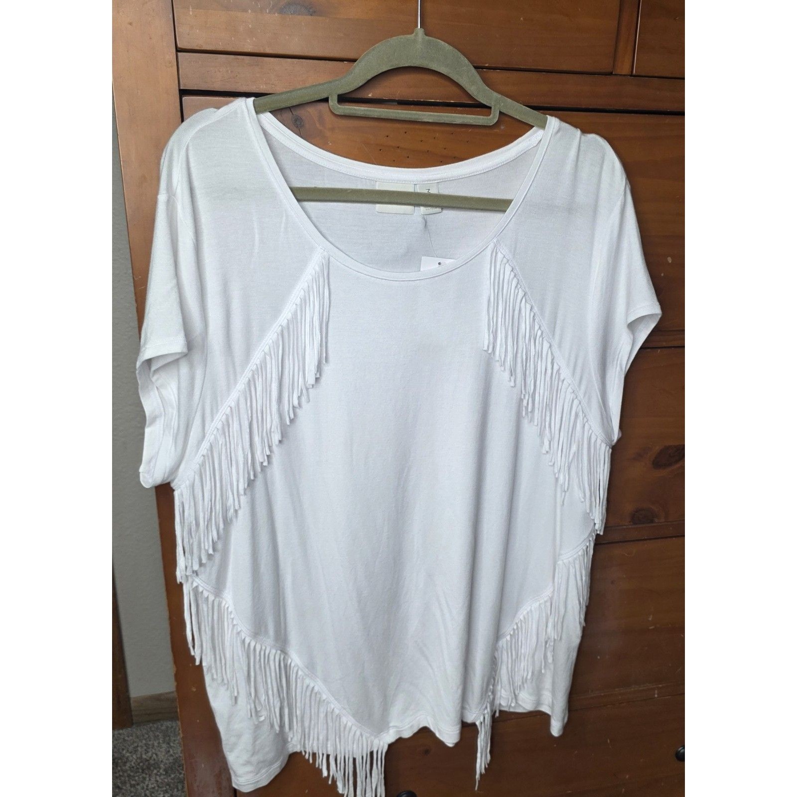 Nwt Zenergy By Chico's Fringe Tee Size 3 (Xl) White Boho Neutral Short Sleeve